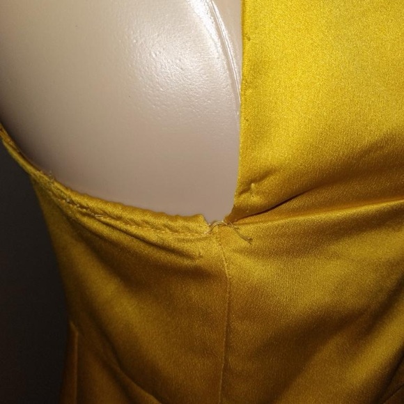 Golden yellow satin dress. Adjustable straps with a ruffle asymmetrical flare - Picture 9 of 9